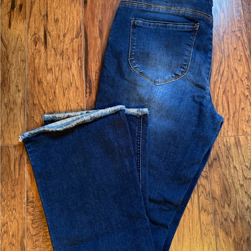 Democracy Dark Blue Straight Leg Jeans with a flare and reverse hem